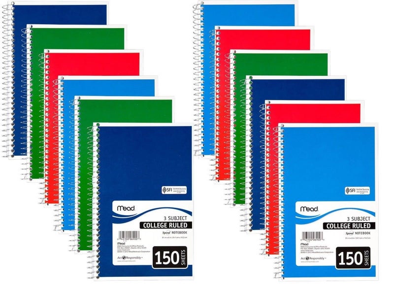 Mead Spiral Bound Notebook, College Rule, 6 x 9-1/2, White, 3 Subject 150 Sheets/Pad - Pack of 1